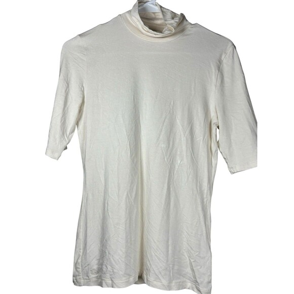 Lauren Ralph Lauren Women’s Mock Neck Top Ivory Cream M Elbow Sleeve Minimalist - Picture 2 of 10